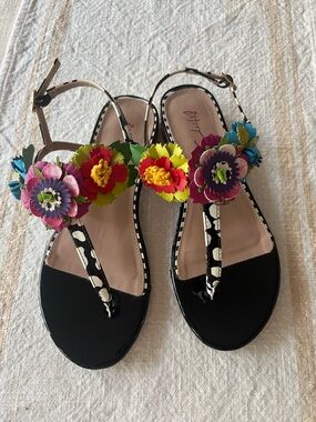 Betsey Johnson Black Sandals with Multicolor Floral Accents
